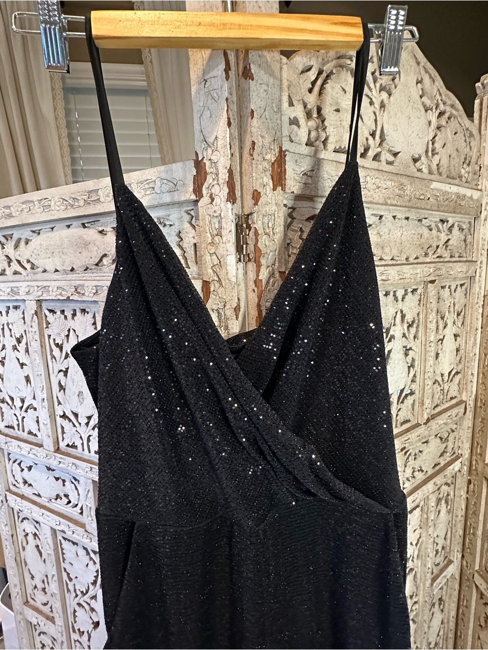 Express Black Sequin V-Neck Jumpsuit - Picture 2 of 6